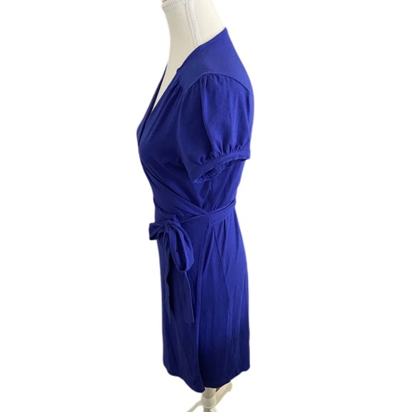 Lands' End Blue Wrap Midi Dress with Short Puff Sleeves V Neck Size Small - Picture 2 of 8